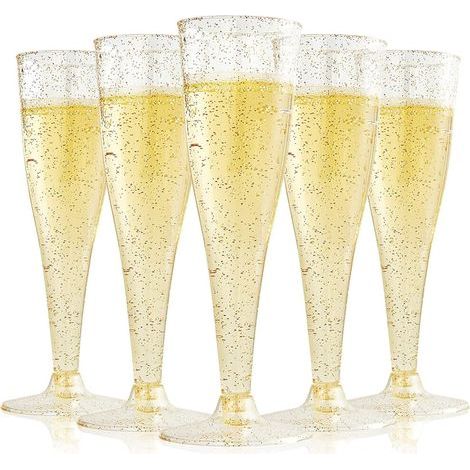 6 verres à champagne en plastique doré à paillettes