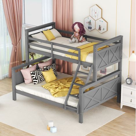 Lit superposé 140 x 200 cm en pin gris avec échelle inclinée et barrières sécurisées (1/5)