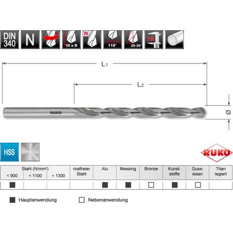 RUKO Spiralbohrer DIN 340 Typ N HSS-G Ø 5,0 x 132 x 87 mm (1/2)