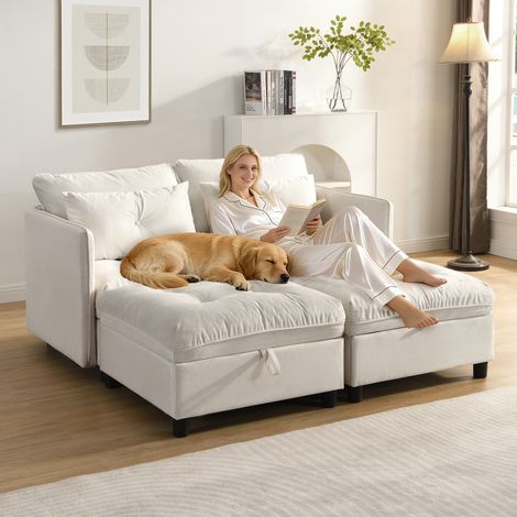 [Wolken-Modulsofa]4-Sitzer modulares trennbares Sofaset:Frei kombinierbar+Stauraum unter allen Sitzkissen+Schlaffunktion+Chenille-Bezug,Freie Raumgestaltung mit Wohnzimmer-Sofabett-Kombinatio