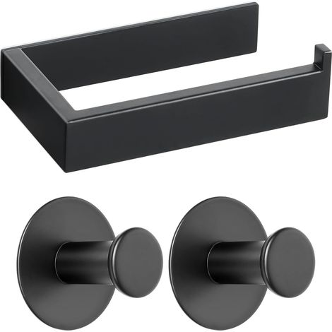 Porte Papier Toilette sans Percage et 2 Crochet Adhesif Mural, Noir (1/5)