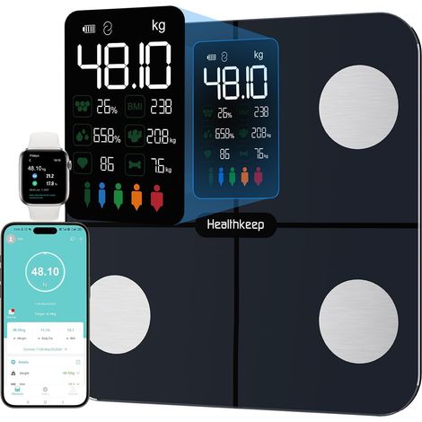 Balance Pèse Personne, Balance Connectée Impédancemètre Grand Écran VA avec Fréquence Cardiaque avec 15 Mesures Avec APP pour Andriod et iOS 180kg/400lb/28st, Bleu Marine (1/5)
