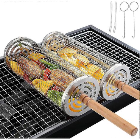 Lot de 2 paniers à griller à roulettes en acier inoxydable avec poignée en bois amovible, accessoires de barbecue portables, grillades en extérieur - CN Neuf (1/5)