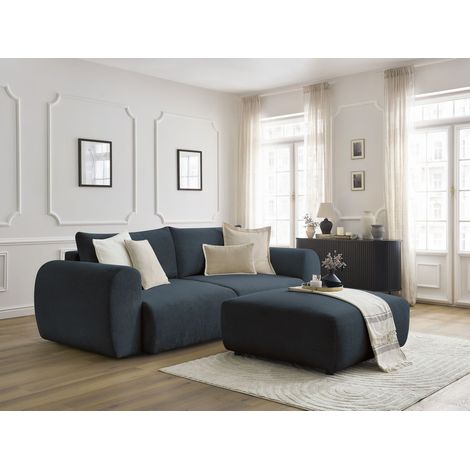 BOBOCHIC - Canapé droit convertible coffre LUCIEN tissu lisse avec pouf Bleu foncé (1/5)