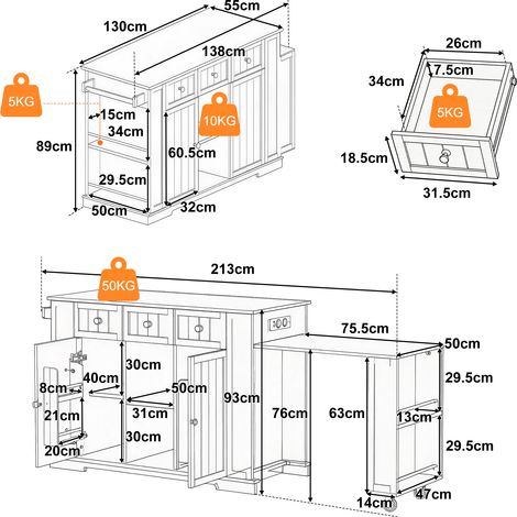 Îlot de cuisine en MDF avec table extensible, bar escamotable, rangement réglable et 7 roulettes pour cuisine et repas (1/5)