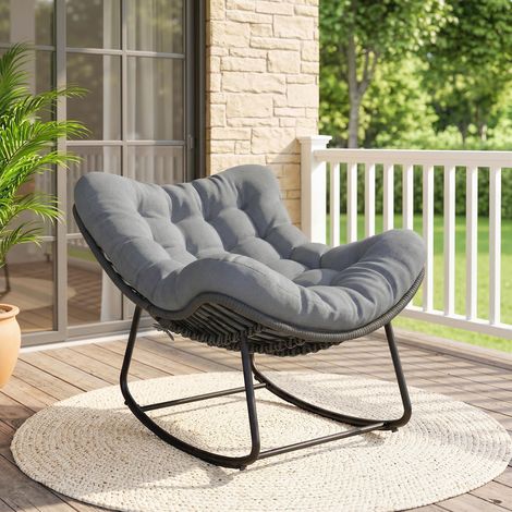 Fauteuil berçant rotin Gris Argent coussin doux jardin balcon