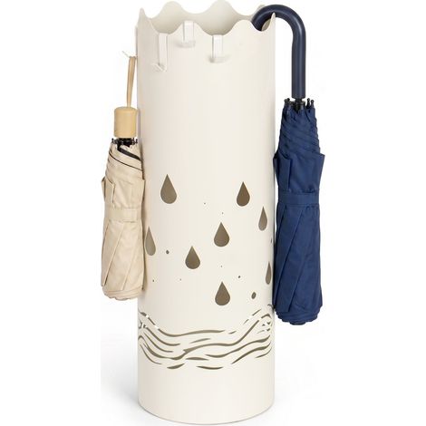 Todeco Porte-Parapluies Métal avec 4 Crochets, Bac Récupérateur Amovible, Base Antidérapante, Design Gouttes de Pluie, Bord Ondulé, pour Entrée, Maison, Bureau ou Hôtel, Blanc Crème (1/5)