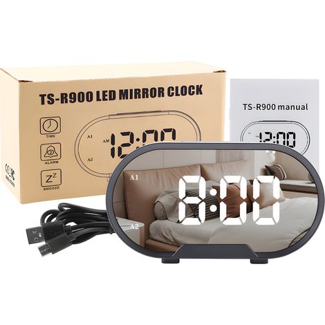 Réveil numérique LED, grand écran de 5,5 pouces, surface miroir, réveils électriques pour le maquillage avec mode de gradation, volume d'alarme réglable, deux ports USB, réveil fort pour la décoration (1/5)