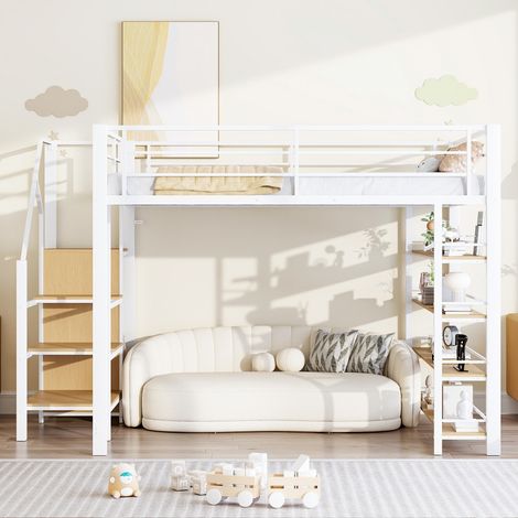 Lit Mezzanine securite-elevated-echelle-rangements-penderie-etageres-barriere haute-lit simple enfant-blanc-255x145x170,5cm-Sans Matelas