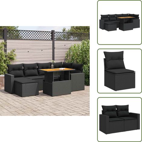 The Living Store Set Divani da Giardino con Cuscini 7pz Nero Polyrattan - Seduta angolare