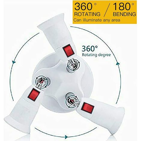 360 Degrés Réglable-3 en 1 Adaptateur de prise de répartiteur E26/E27. Ampoules LED standard E26/E27 360 degrés réglables 180 degrés pliable max watt 180W (3 in 1-SW) (1/4)