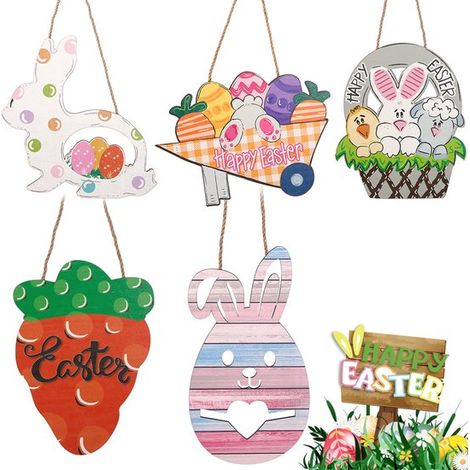 5 letreros de madera para puertas de Pascua: decoración colgante de huevo de Pascua, zanahoria y conejo. (1/5)