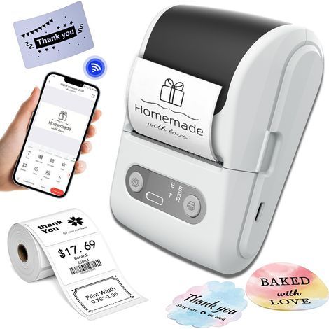 Imprimante d'étiquettes sans fil Bluetooth, mini imprimante portable pour usage domestique, blanche (1/5)