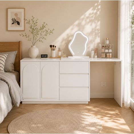 Coiffeuse blanche avec miroir LED 3 couleurs, plateau coulissant, 3 tiroirs et rangements, 140x40x75 cm (1/5)