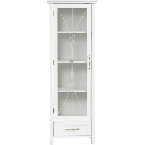 Teamson Home Delaney Bathroom Wooden Free Standing Tall Slim Linen Storage Cabinet Tower White 7961 With Glass Panel Door