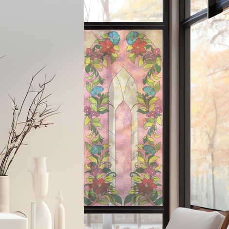Stickers décoratifs électrostatique, verrière rose, fleurs, effet vitrail, 150 cm X 67,5 cm (1/2)