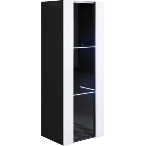 Vetrina Sospesa con LED Mobile Soggiorno Moderno Salotto Vetrinetta pensile 40x126x28 Modello Luke V2 Nero e Bianco lucido