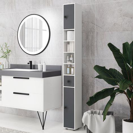 Colonne de salle de bain avec 1 tiroir, 5 étagères et 2 portes, idéale pour le salon ou la chambre. Charge maximale : 30 kg. Dimensions : 20 x 20 x 180 cm. Couleur : gris.