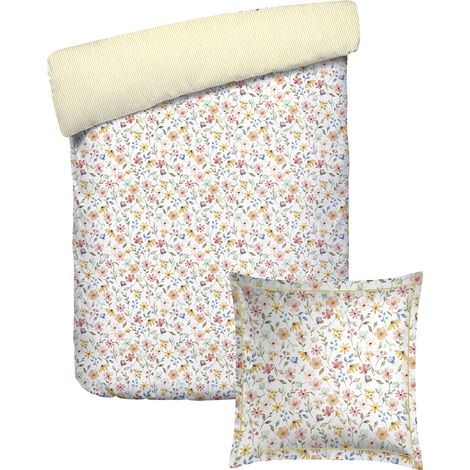 Parure de lit 2 Pièces 1 Personnes - Housse de Couette 140x200 cm et 1 Taie Oreiller 63x63 cm – Satin de Coton, 80 Fils – Bouquet d’août – Jaune (1/5)