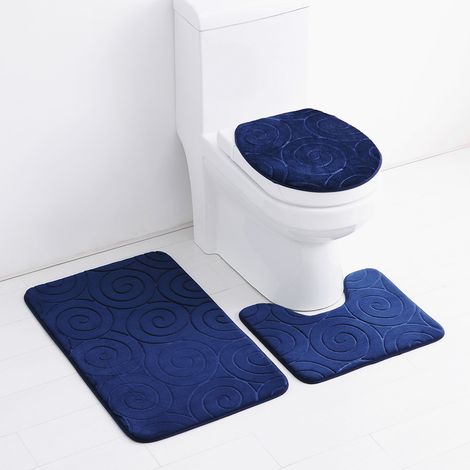 Ensemble de 3 tapis de bain à motif en relief pour couvercle de toilette, tapis de sol, tapis absorbants bleu marine (1/5)