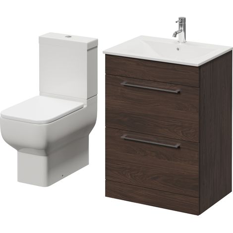 Napoli 460 Brown Oak 600mm 2 Drawer Vanity Unit and Tacoma Comfort Height Toilet Suite with Angel Basin - 600mm - Chrome 320mm Handle