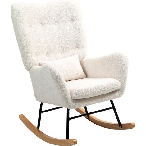 Schaukelstuhl, Schaukelsessel mit Armlehne, Teddystoff-Optik, Stillsessel mit Holzkufen, Lendenkissen, Relaxsessel Schwingsessel für Wohnzimmer, Schlafzimmer, Cremeweiß