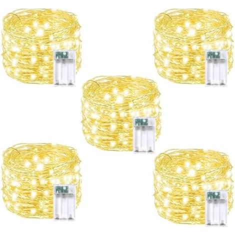 Lumière de fée avec minuterie, 10m 100LED IP65 fil argenté étanche, mini guirlande lumineuse DIY Noël intérieur pour bouteille chambre arbre bocaux, blanc chaud (lot de 5)