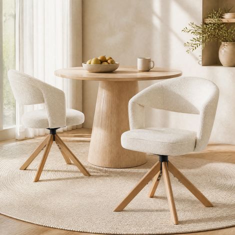 Juego de 2 sillas giratorias de comedor, giro silencioso 360°, respaldo curvo, tela estructurada blanca y madera maciza (1/5)