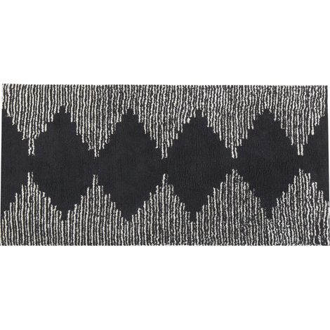 Alfombra de algodón negro blanco 80 x 150 cm pelo corto patrón geométrico escandinavo Bathinda (1/5)