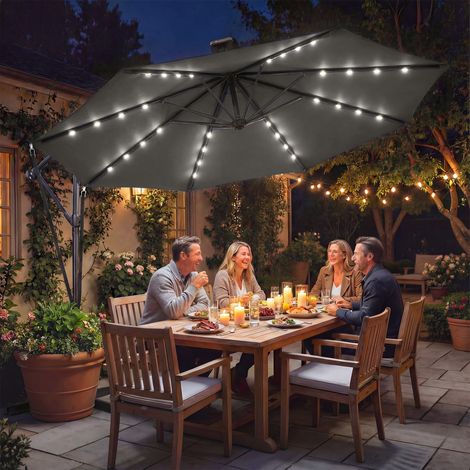 Parasol Excéntrico con Luces LED Solares Ø345 cm Sombrilla Jardín de Aluminio con Base Cruzada Manivela Funda Gris (1/5)