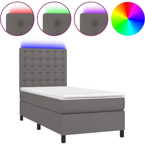 Lit simple Lit adulte Sommier à lattes de lit avec matelas et LED Gris 90x200 cm