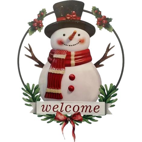 Panneau de bienvenue bonhomme de neige, anneau décoratif à suspendre pour l'extérieur, panneau de bienvenue en métal (1/5)