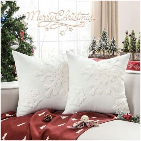 Pair 45 x 45 cm – Housse de coussin de Noël blanche, lot de 2 taies d'oreiller décoratives brodées de flocons de neige, housse de coussin de canapé en lin pour fête, Thanksgiving, décoration de Noël (1/5)