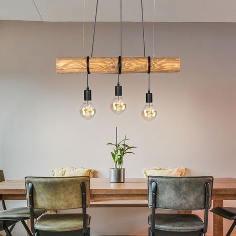 Suspension, table à manger, bois, lampe de salle à manger, noir, suspension, réglable en hauteur, 3 flammes, métal, 3x douille E27, LxlxH 65x8x140 cm (1/5)