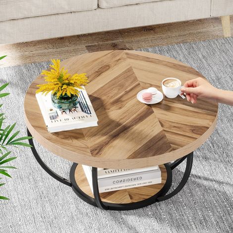 Tribesigns – Table basse ronde industrielle moderne 2 niveaux – Bois d'ingénierie et métal – Pour salon contemporain – Étagères pratiques — vue 4