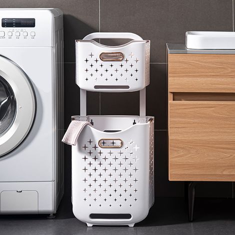 Faltbarer Wäschekorb, tragbarer Wäschekorb, Weiß/Elfenbein, PP/ABS, großes Fassungsvermögen, belüftet, ergonomischer Griff, für Zuhause/Hotel (1/5)
