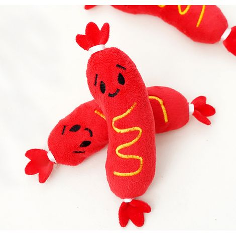 quietschende Kauspielzeuge für Hunde und Katzen, Hotdog-förmige Plüschtiere, 20 × 5,5 cm, gesticktes Design und weicher Stoff, langlebiges interaktives Spielzeug für Kleintiere (1/4)