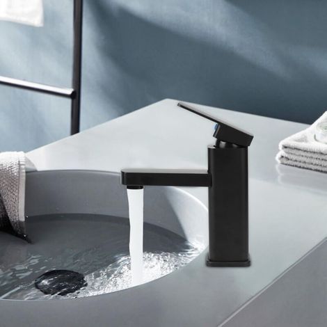 Grifo de baño negro, grifo mezclador de lavabo de aleación con agua fría y caliente, grifo de lavabo con dos mangueras. (1/4)