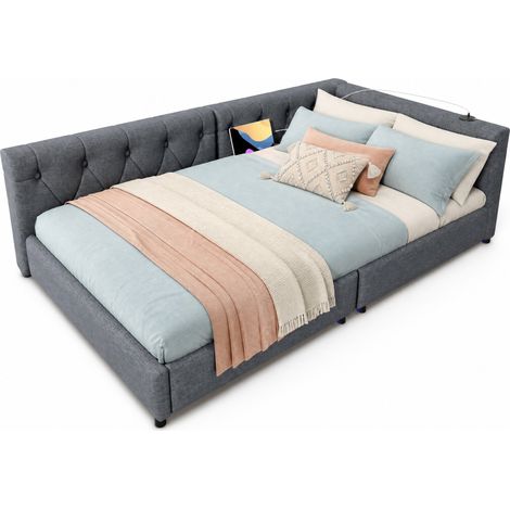 CHICFURN Lit banquette daybed 90 x 200 cm en lin gris avec LED USB Type C et tete de lit capitonnee (1/5)