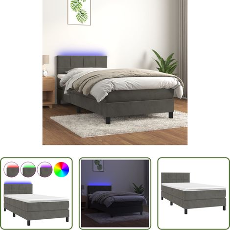 vidaXL LED-Leiste -  Boxspringbett mit Matratze & LED Dunkelgrau 90x200 cm Samt (1/5)