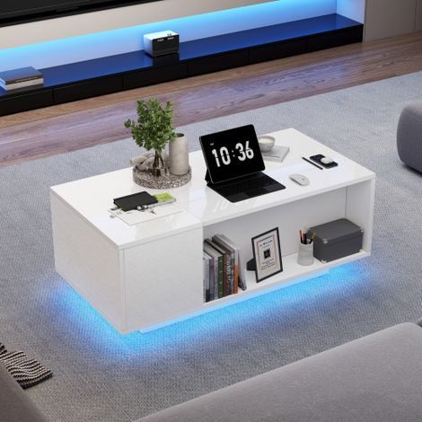 Table basse blanche avec éclairage LED, tiroirs et rangement dissimulé, 100x50x40 cm (1/5)