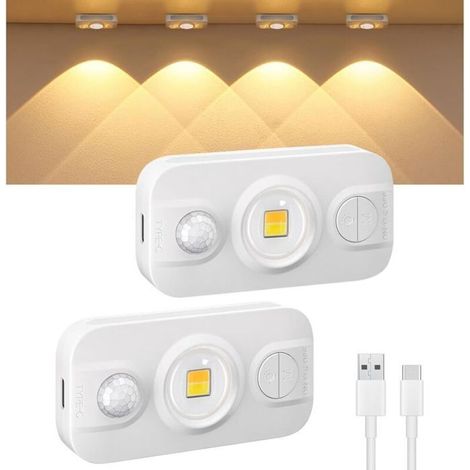 Lot de 2 mini lampes LED sous meuble de cuisine avec détecteur de mouvement, USB-C rechargeable, lumière LED blanc chaud, int (1/4)