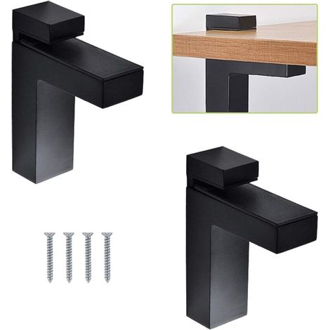 Set of 2 adjustable black glass clamps for wood/glass shelves - Floating solid metal wall brackets, compatible with shelves 5 to 30 mm thick (L) FDC