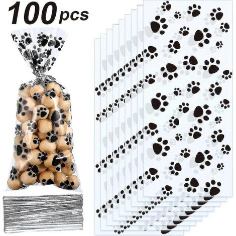 Sachets en cellophane à motif de pattes d'animaux, thermoscellables, pour friandises et bonbons, pour chiens et chats (100 pièces) (1/5)