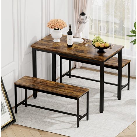 Mesa de comedor industrial con 2 bancos, 110 x 60 x 75 cm, marrón rústico y negro DESVIAE (1/5)