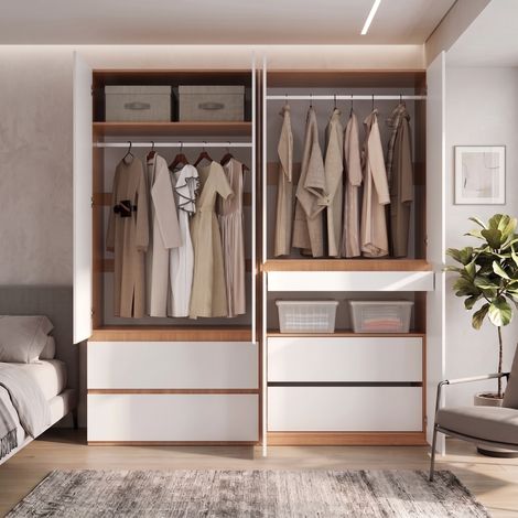 Armario 6 puertas, 2 barras y 5 cajones, 180 x 50 x 200 cm, MDF blanco y roble artesanal (1/5)