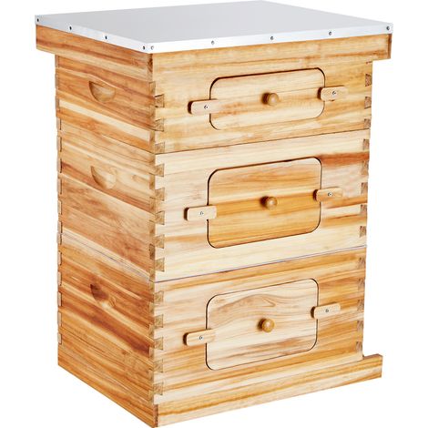 Mophorn Alveare in Legno Arnia 30 Favi, Alveare Legno di Cedro Rivestito con Cera deApi, 2 Cassette per Api Profonde + 1 Media, Set di Alveari Langstroth, Finestre in Acrilico Trasparente