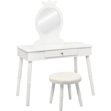 Kids Vanity Table Set With Stool, Mirror, Drawer, White (1/5)