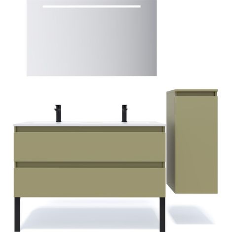 Meuble de salle de bain suspendu double vasque intégrée 120cm 2 tiroirs Vert olive + miroir + colonne ouverture droite - Hudson (1/5)