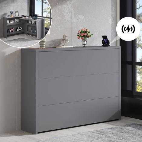 Bureau Pliable sur Roulettes avec Chargeur Sans Fil - Buffet 2 en 1 Gain de Place, Gris Mat, 115x27x93 cm (1/5)